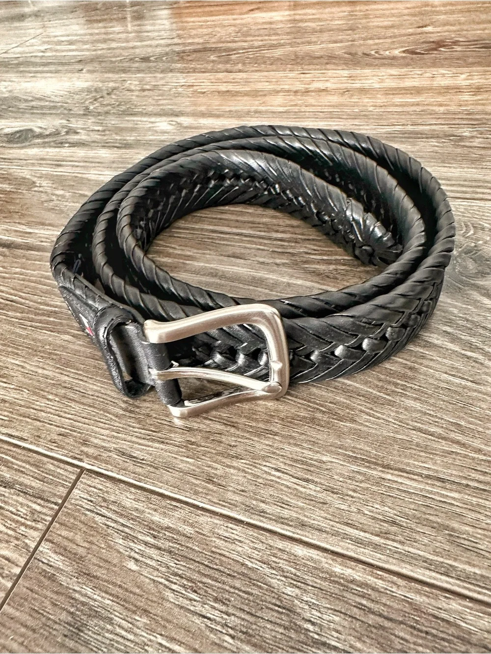 Tommy Hilfiger Black Braided Genuine Leather Belt with Silver Buckle